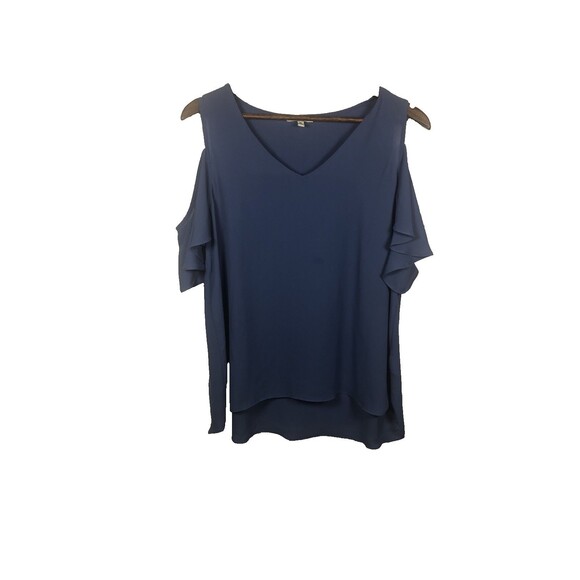 Emma & Olivia Women Medium Blue cold shoulder BOHO flowy peasant top - Picture 2 of 7